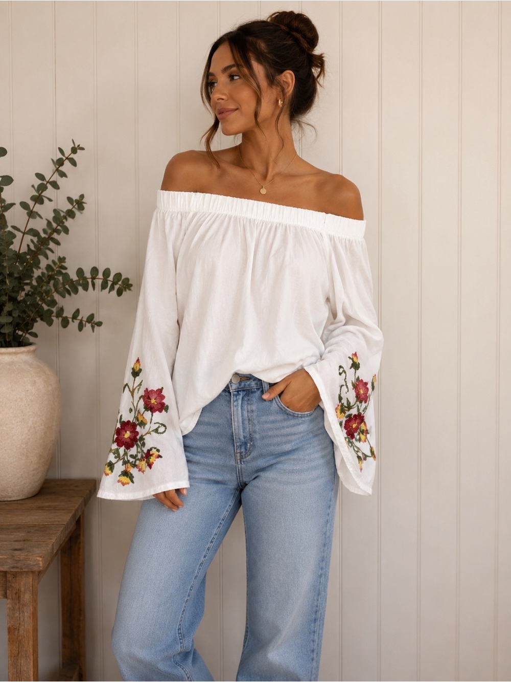 Crave Fame White Off The Shoulder Floral Embroidered Bell Sleeve Boho Blouse M